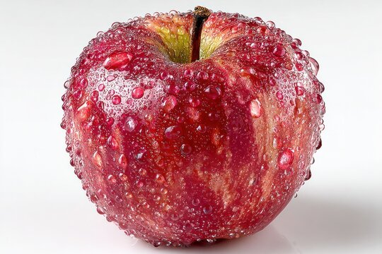 Crimson Apple with Dew: A close-up shot of a vibrant red apple glistens with fresh droplets of morning dew. The fruit is ripe and ready to eat, a symbol of health and vitality.
