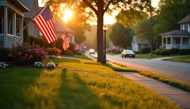American flags fly on suburban street at sunset. Warm golden light shines on houses, lawns, trees, and cars driving by. Peaceful neighborhood scene.