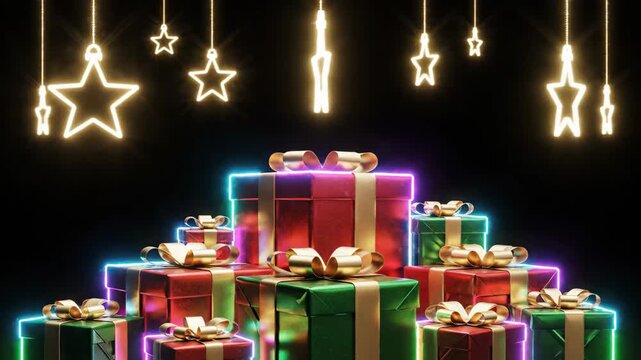 Neon Christmas Gifts with Star Ornament Lights - This video showcases a stack of colorful Christmas gifts wrapped with gold ribbons, illuminated by neon lights against a black backdrop.