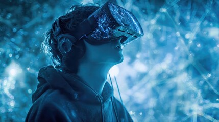 Immersive virtual reality experience with a person wearing a glowing VR headset in a futuristic digital environment