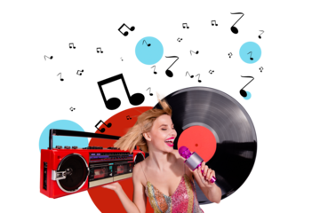 Composite photo collage of happy girl hold mic karaoke retro event note boombox party melody vinyl disk isolated on painted background