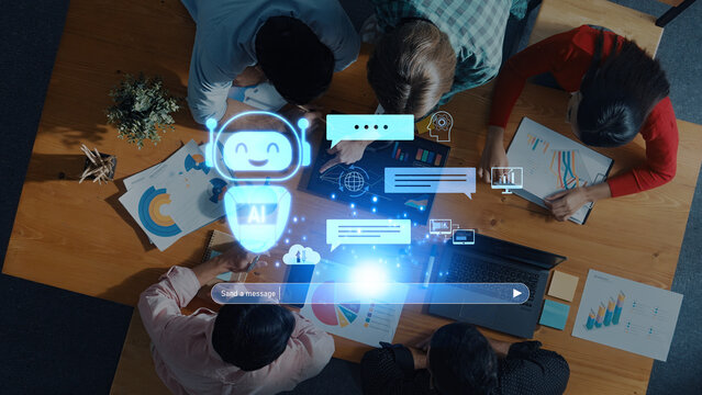 A dynamic meeting scene showcasing collaboration with artificial intelligence tools, highlighting teamwork, digital strategy, and innovative data-driven solutions in a modern office setting. Trope