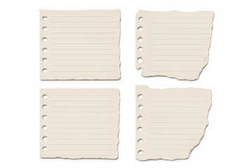 Four pieces of lined notebook paper and torn ripped paper scraps with holes, empty blank page notes, transparent background