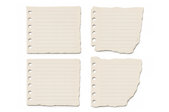 Four pieces of lined notebook paper and torn ripped paper scraps with holes, empty blank page notes, transparent background - Powered by Adobe