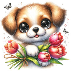 Adorable Puppy Cartoon with Big Eyes and Pink Bow Holding Spring Tulip Bouquet, Watercolor Style Postcard