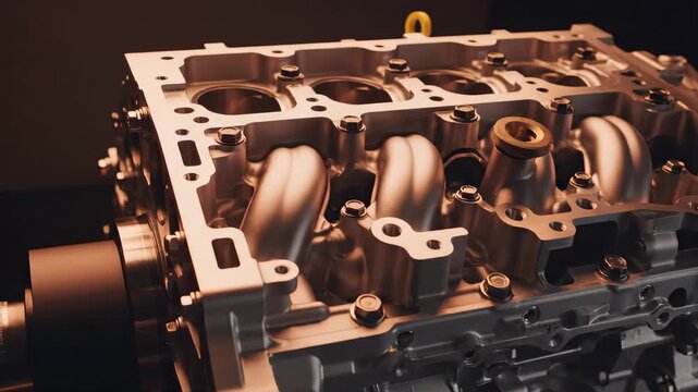 High-Detail Close-Up of an Engine Block Component with Metallic Finish and Intricate Design for Automotive Industry