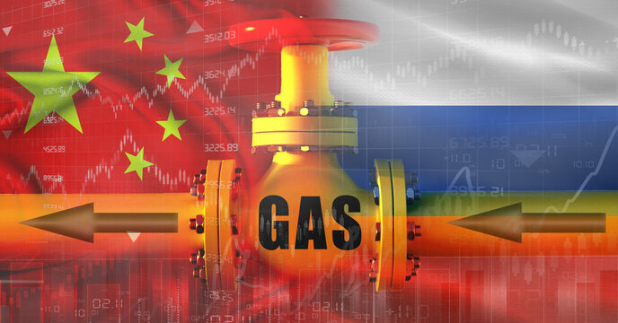 Russian gas export pipeline to China. Gas exports from Russia to China on financial chart - Powered by Adobe