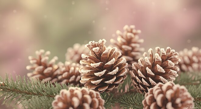 Close up of pine cones on evergreen branches festive nature background
