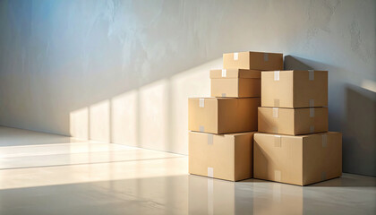 A stack of cardboard boxes in an empty sunlit room, symbolizing moving, new beginnings, and the excitement of receiving online orders during a successful cyber monday sale event