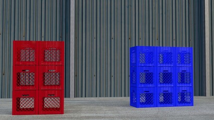 some red and blue milk crates stacked in the warehouse created by 3D modeling. 