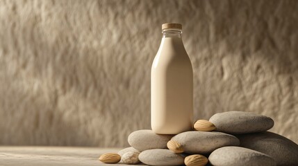 Organic nut milk bottle on stacked jars