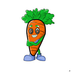 The carrot has a cheerful face with big expressive eyes, green eyebrows, and a wide friendly smile.It has green leafy tops and green arms,one of which is crossed over its chest while the other support