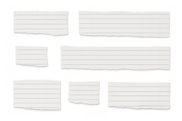 Torn lined paper scraps for notes and messages, blank pieces ready for text, transparent background