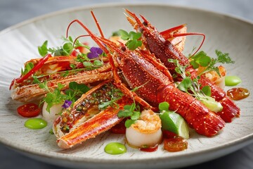 Exquisite seafood platter with succulent lobster, crab legs, scallops, and fresh garnishes.