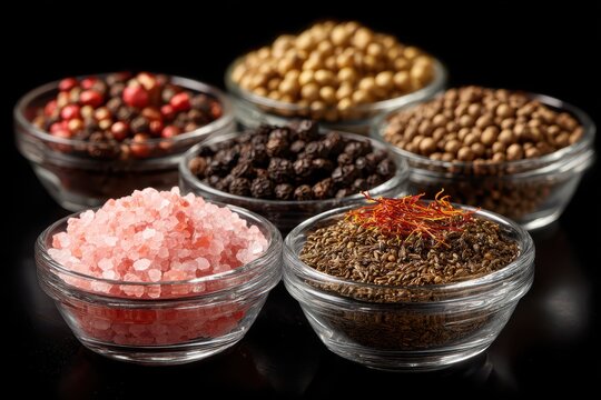 A stunning display of varied aromatic culinary spices and natural salts.