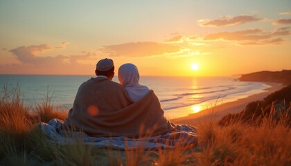 Muslim couple embraces with a blanket at sea beach during sunset. Woman in hijab, man in cap sitting together. Serene peaceful scene with sunlight in ocean waters