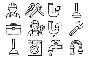 Plumbing elements doodle icon set vector illustration