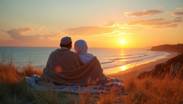 Muslim couple embraces with a blanket at sea beach during sunset. Woman in hijab, man in cap sitting together. Serene peaceful scene with sunlight in ocean waters