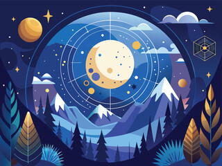 Obraz premium Celestial Winter Sky Illustration – Solstice Moonlight and Starry Forest Scene