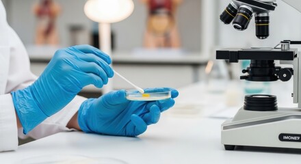 Scientist working with petri dish and microscope in laboratory for medical research and development