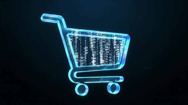 An outline of a digital shopping cart, composed of glowing blue matrix code, stands out against a dark background in a macro shot; Keywords consist of one to two words