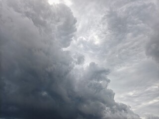 Dramatic close-up of heavy, dark gray cumulonimbus and stratocumulus clouds in sky
