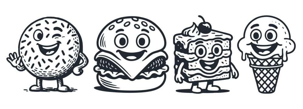 A set of cute cartoon food characters: donut, burger, slice of cake, and ice cream cone. Funny mascots in a retro, hand-drawn vector style. - Powered by Adobe