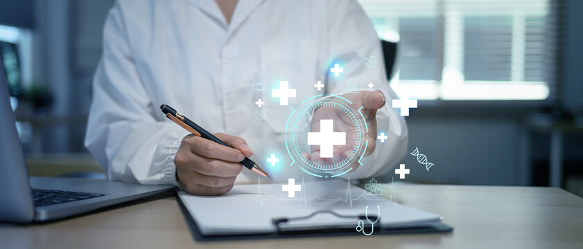 Doctor using digital medical futuristic interface icon healthcare and medical - Powered by Adobe