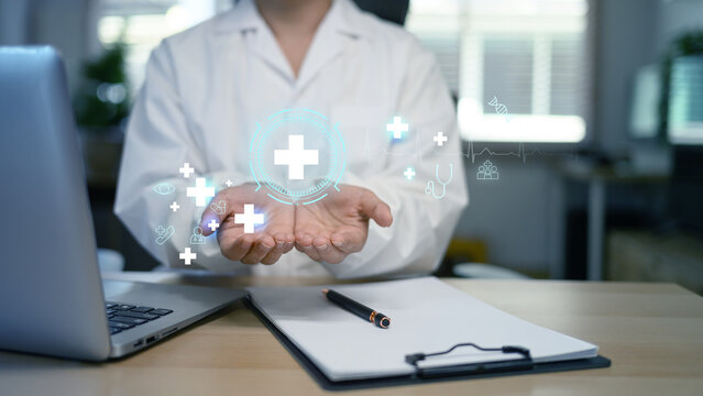 Doctor using digital medical futuristic interface icon healthcare and medical