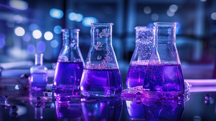 Colorful glassware with purple liquid in a lab setting at night