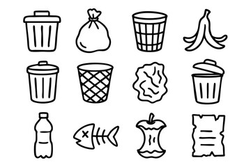 Trash Elements Icon Set in Doodle Style Vector Illustration
