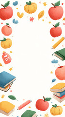 cheerful teacher&rsquo;s day greeting frame, books, pencils, apples, chalkboard texture border, colorful school-themed icons