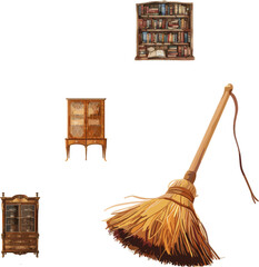 Set of wooden broom and wooden bookshelf in color style, set of household appliances 