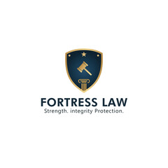Fortress Law Logo: The logo showcases a golden emblem with a gavel, representing the principles of strength, integrity, and protection.