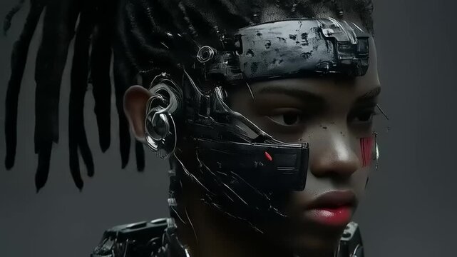 Futuristic Portrait of Young Individual with Integrated Cybernetic Augmentation and Complex Detail