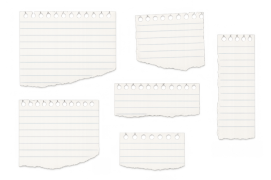 Lined notebook paper pieces with torn edges and punch holes, blank notes with transparent background - Powered by Adobe