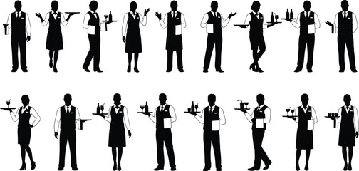 Silhouettes of waitstaff in formal attire holding trays and menus, ideal for restaurant, catering, hospitality, and service industry design.