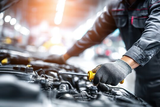 Mechanic at work, holding a screwdriver over the open hood of a car, making repairs, engine maintenance and tuning, vehicle service in a garage, professional expertise