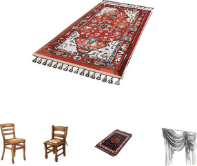 Red carpet in color style, set of household appliances in color style 