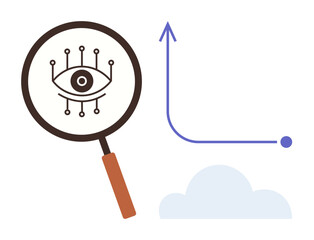Magnifying glass with digital eye symbol, upward arrow on line graph, minimal cloud. Ideal for analytics, growth, technology, vision, AI innovation digital transformation. Simple flat metaphor