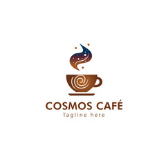 Cosmos Cafe Logo: A creative logo showcases a cosmic design incorporating the elements of a coffee cup, smoke, and celestial patterns, symbolizing a unique café experience.