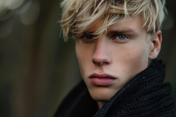 Portrait of a serious blond male model with blue eyes wearing a black scarf