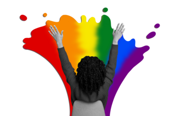 Composite photo collage of girl curly hairdo sit back chair rainbow lgbt sign community demonstration pride isolated on painted background