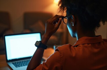Black woman adjusts glasses, works on laptop at desk. Late night, remote work, focused on computer screen. Evening light illuminates her. Career, occupation, tech job.