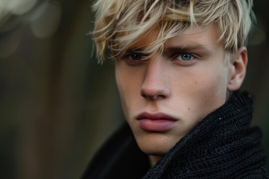 Portrait of a serious blond male model with blue eyes wearing a black scarf