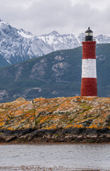 Beagle Channel, Tierra del Fuego, Argentina, 11-26-2010: Les Eclaireurs Lighthouse, famous lighthouse on the northeasternmost island of the Les Eclaireurs islands, 5 nautical miles east of Ushuaia
