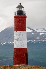 Beagle Channel, Tierra del Fuego, Argentina, 11-26-2010: Les Eclaireurs Lighthouse, famous lighthouse on the northeasternmost island of the Les Eclaireurs islands, 5 nautical miles east of Ushuaia
