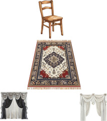 Set of Household furniture in color style, set of carpets and curtains