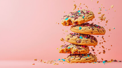 Dynamic stack of freshly baked chocolate chip cookies with colorful candy sprinkles and chocolate chunks, surrounded by flying crumbs on vibrant pink background