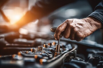 A mechanic's hand uses a socket wrench on a car engine, showing expertise, precision, and automotive repair skills with attention to detail and equipment maintenance.